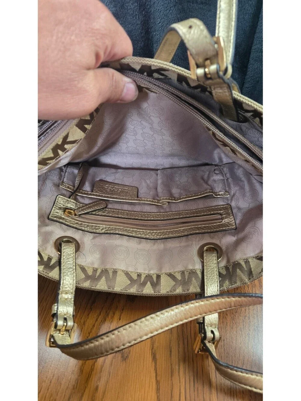 Michael Kors Beige and Brown MK Logo Tote Bag with Gold Handles